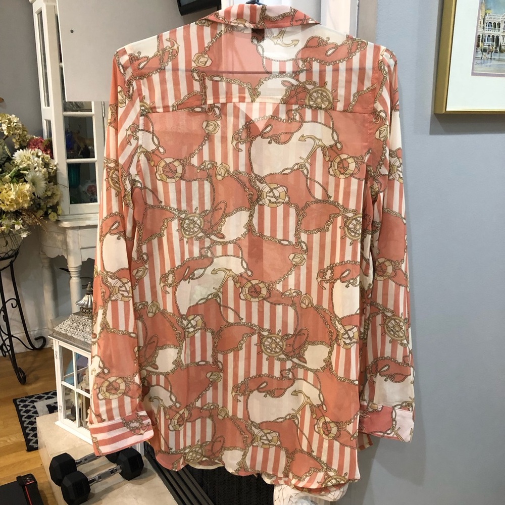 Forever 21 Striped Nautical Long Sleeve Collared Blouse Shirt Apricot Coral Top - Picture 2 of 4